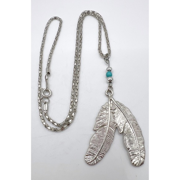 Source Unknown Jewelry - Boho Southwestern Silver‎ Tone Double Feather Necklace 18"